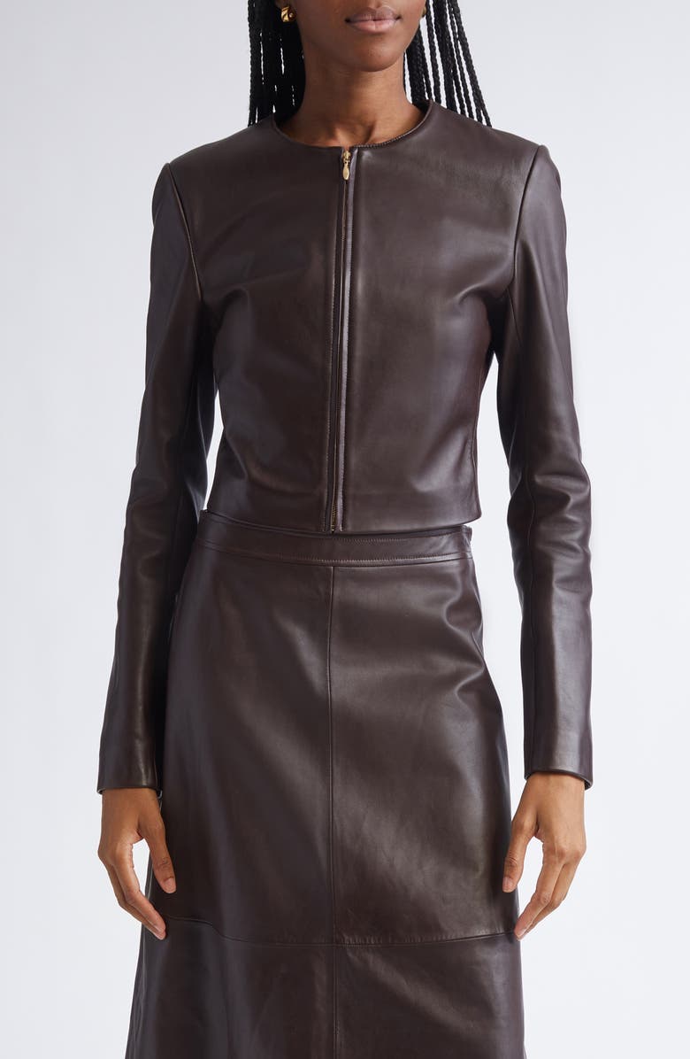 ST. JOHN Clarissa Napa Leather Crop Jacket, Main, color, Mahogany