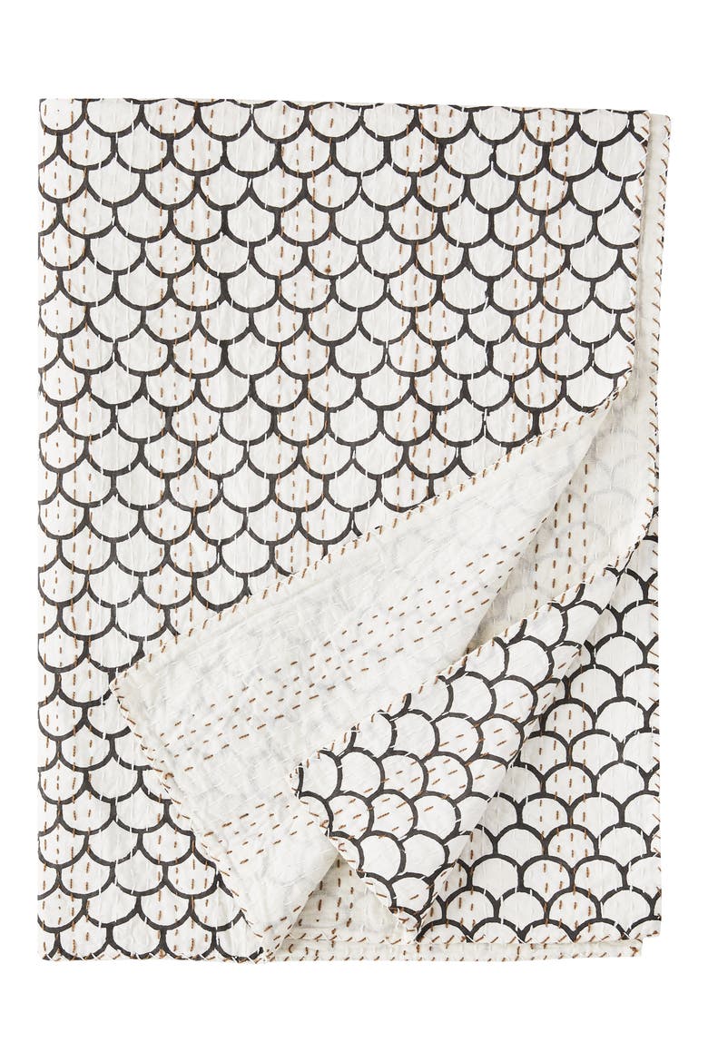 Scallop Kantha Cotton Throw Blanket, Main, color, INDIGO