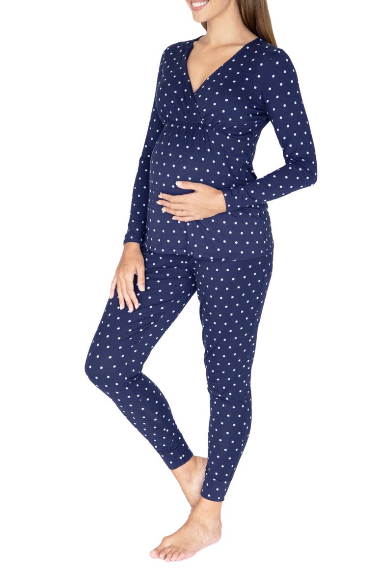 Polka Dot Maternity/Nursing Pajamas & Baby Pouch Set, Alternate, color, NAVY