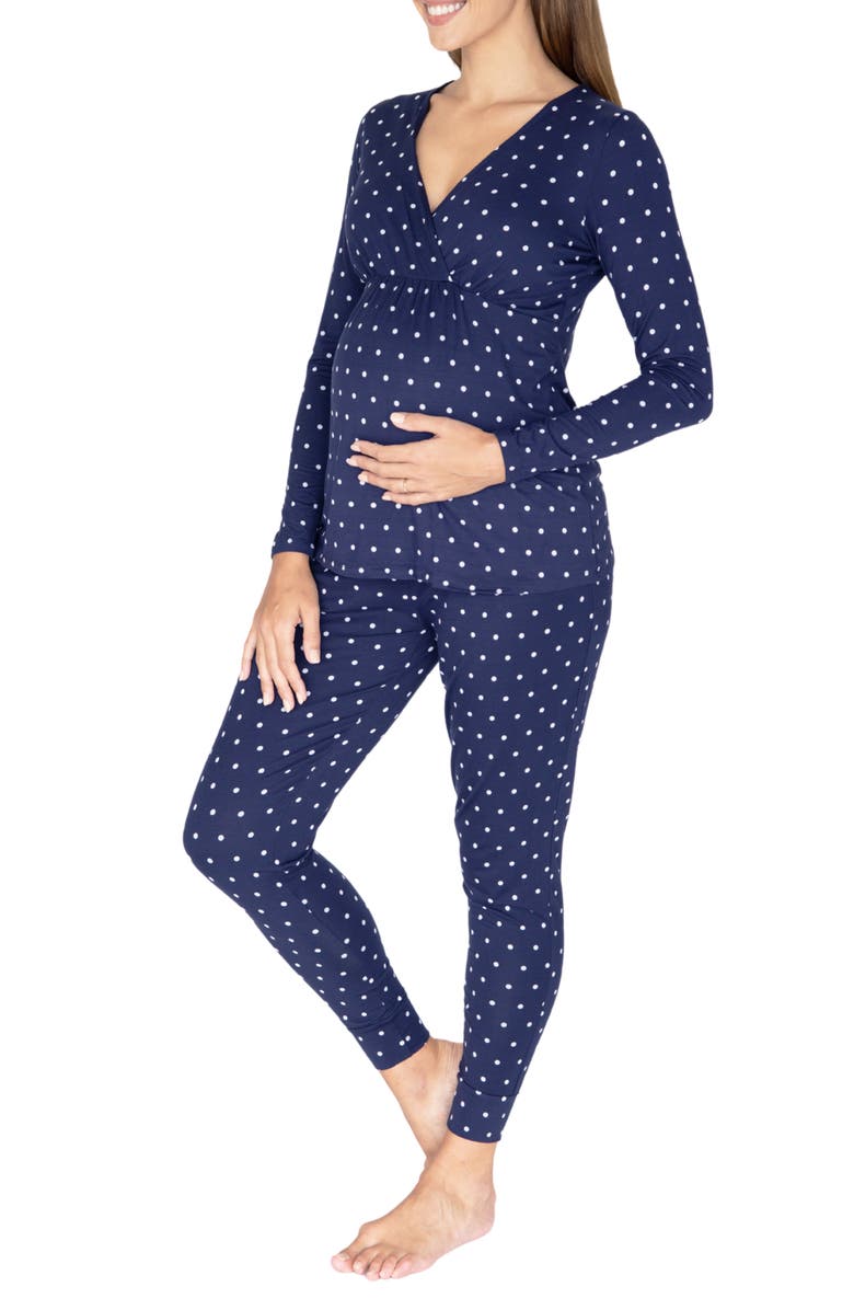 Angel Maternity Polka Dot Maternity/Nursing Pajamas & Baby Pouch Set, Alternate, color,