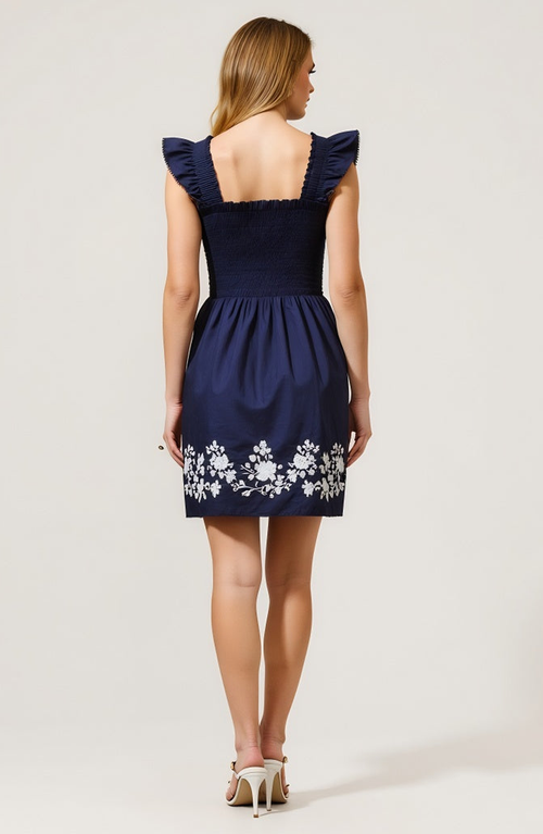 Modenaire Smocked Ruffle Strap Mini Dress With Floral Embroidery Hem