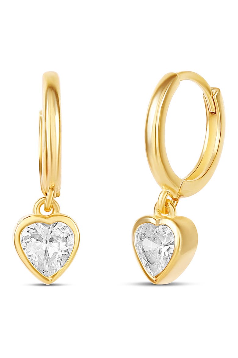 Bezel Heart Drop Huggie Hoop Earrings, Main, color, GOLD
