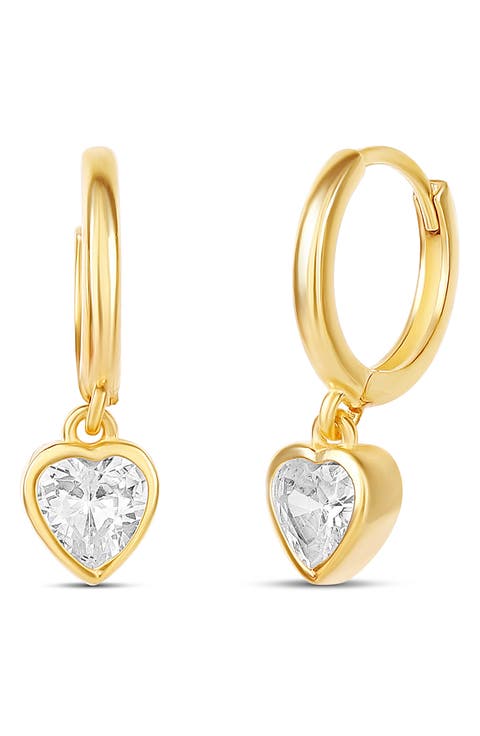 Bezel Heart Drop Huggie Hoop Earrings