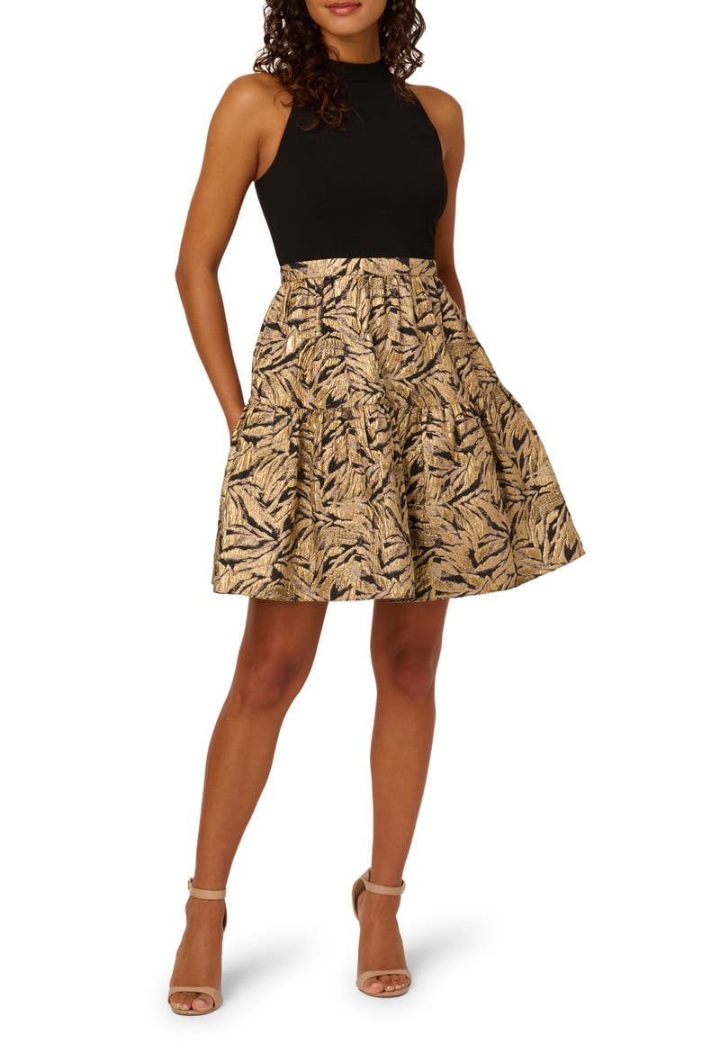Mixed Media Metallic Fit & Flare Dress, Main, color, BLACK/ GOLD