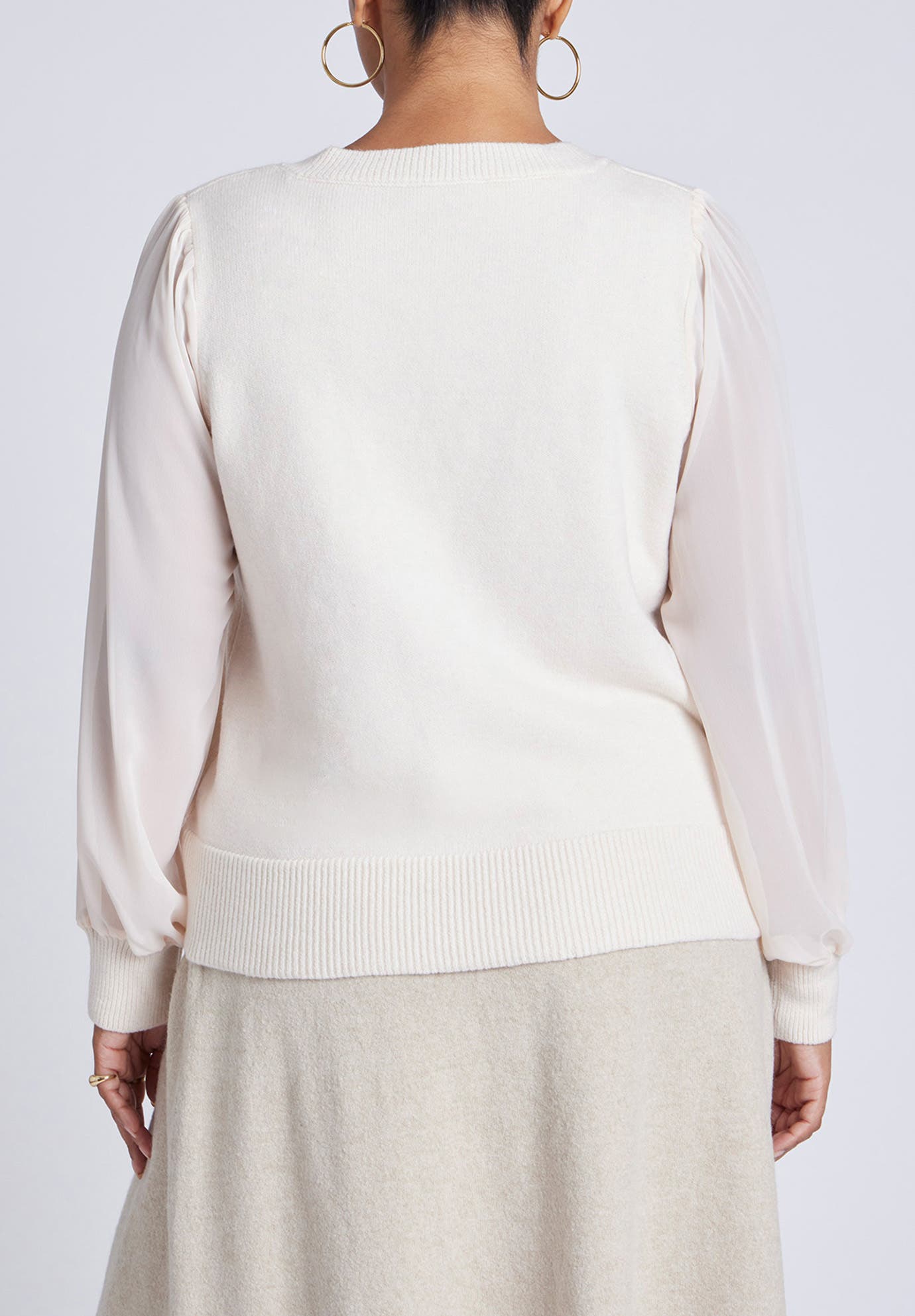 Sheer Sleeve V-Neck Sweater - image 2