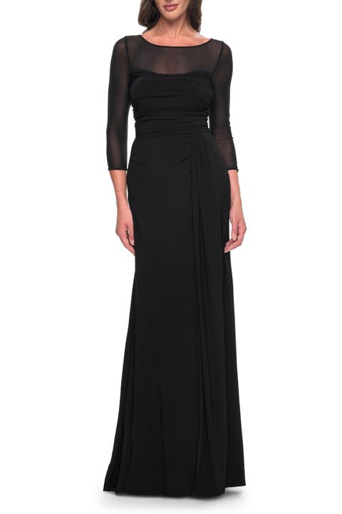 Chic Black Evening Dress with Illusion Neckline and Sleeves