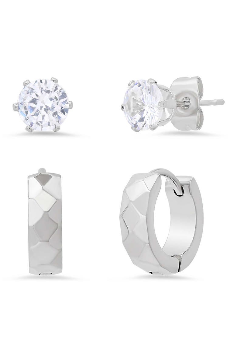 Men's Stainless Steel CZ Stud & Huggie Hoop Earrings, Main, color, SILVER