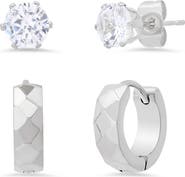 STEELTIME Men's Stainless Steel CZ Stud & Huggie Hoop Earrings