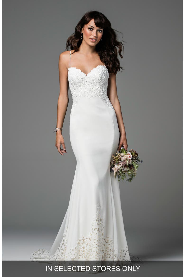 Ridley Backless Laser Cut Lace & Georgette Gown, Main, color, IVORY/IVORY