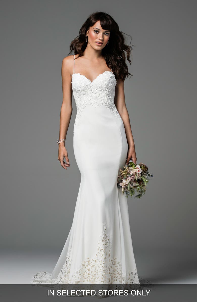 Willowby Ridley Backless Laser Cut Lace & Georgette Gown, Main, color, 