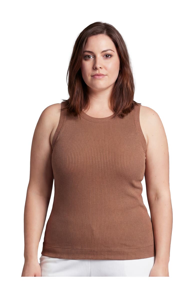 Curvy Basic Ribbed Knit Round Neck Sleeveless Tank Top, Main, color, Mocha