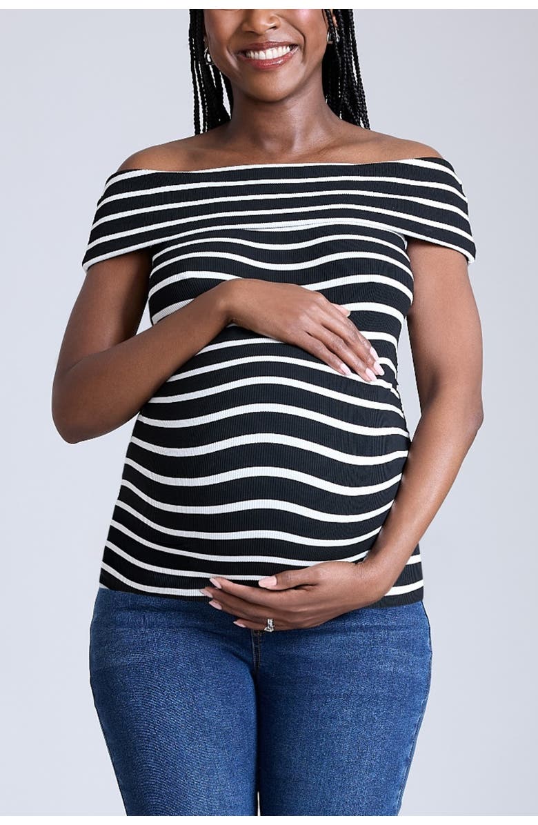 MOTHERHOOD MATERNITY Rib Knit Short Sleeve Off The Shoulder Top, Main, color, Black & White Stripe