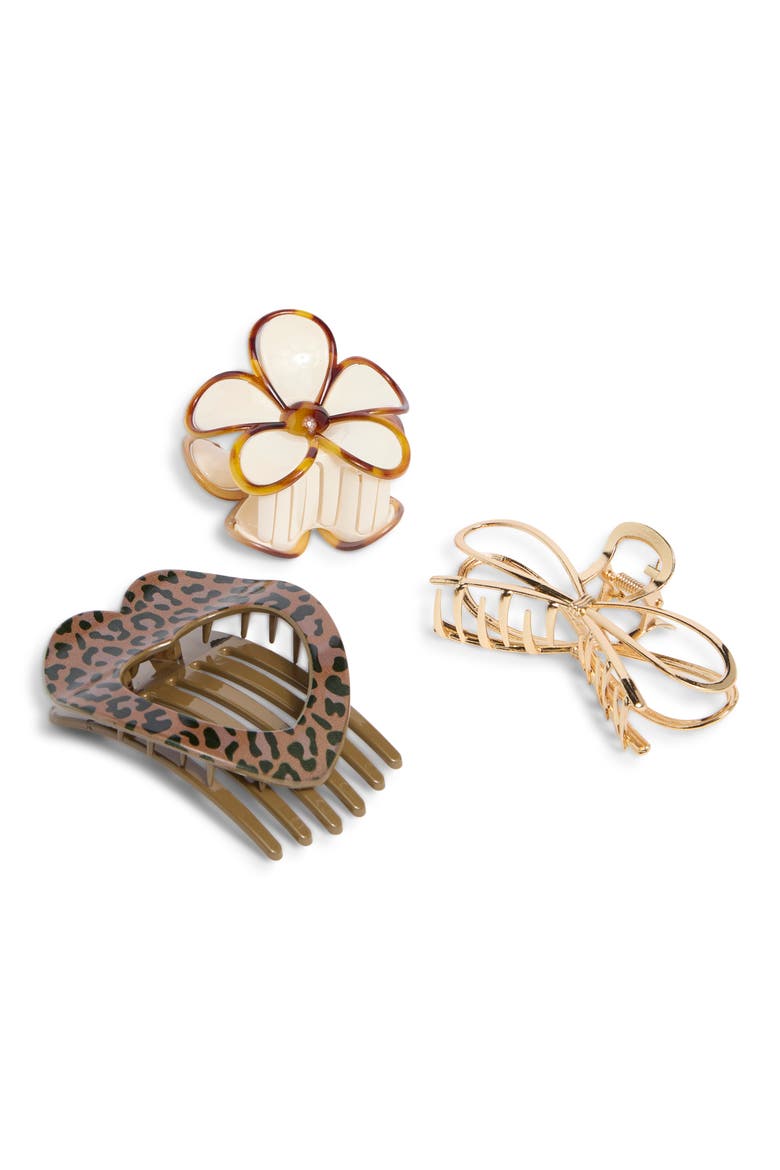 Kids' Set of 3 Leopard, Flower & Bow Claw Clip Set, Alternate, color, BROWN COMBO