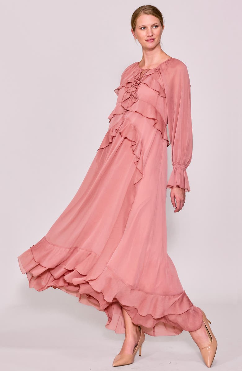 MELLODAY Ruffle Detail Long Sleeve Maxi Dress, Alternate, color, Dusty Pink
