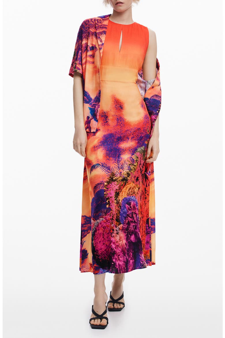 Print Sleeveless Maxi Dress, Main, color, ORANGE/ DARK PINK