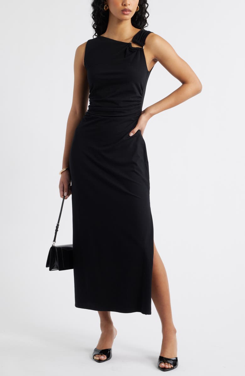 Open Edit Asymmetric Neck Midi Dress, Alternate, color, Black