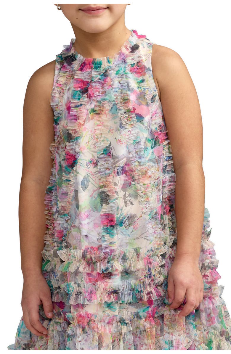 Mac Duggal Girls Mesh Floral Print A-Line Dress, Alternate, color, Nude Multi
