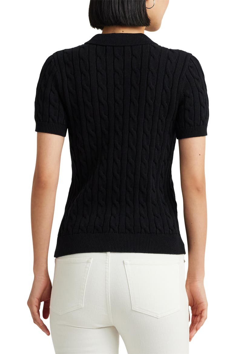 Cable Knit Cotton Polo Sweater, Alternate, color, BLACK