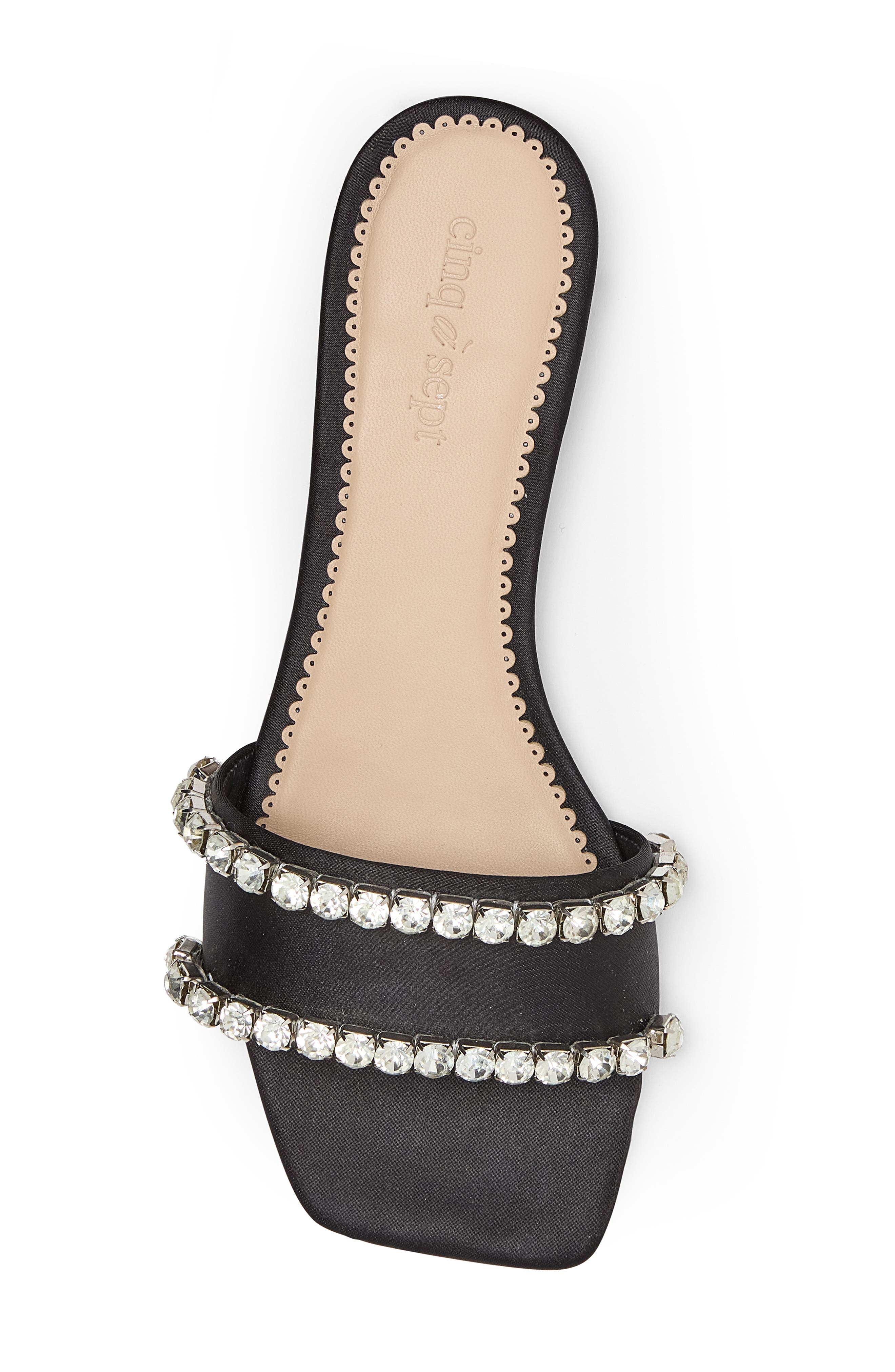 Cinq à Sept Catherine Crystal Embellished Satin Slide Sandal, Alternate, color, Black/ Clear