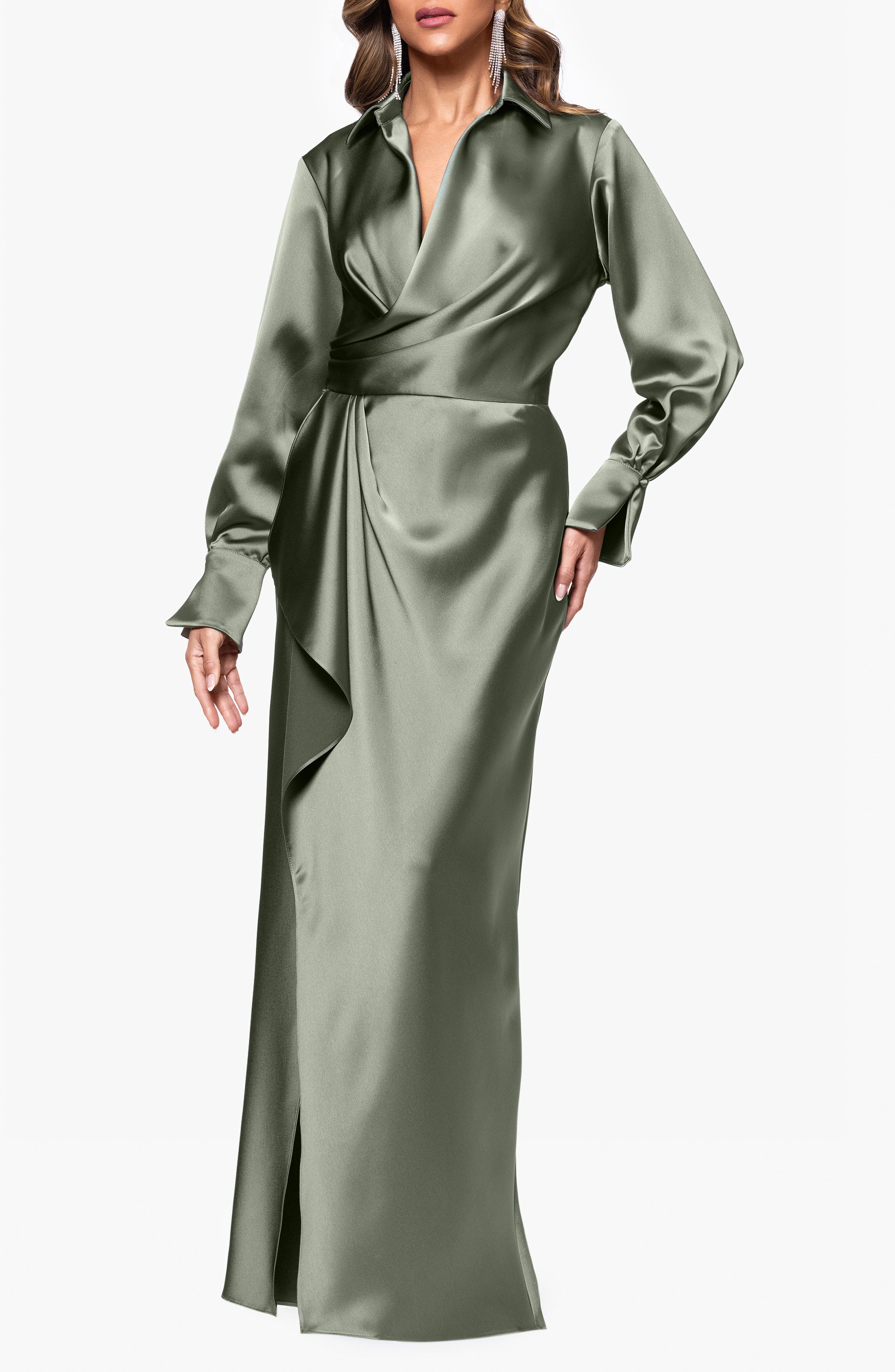 Collar Long Sleeve Satin Gown - image 5