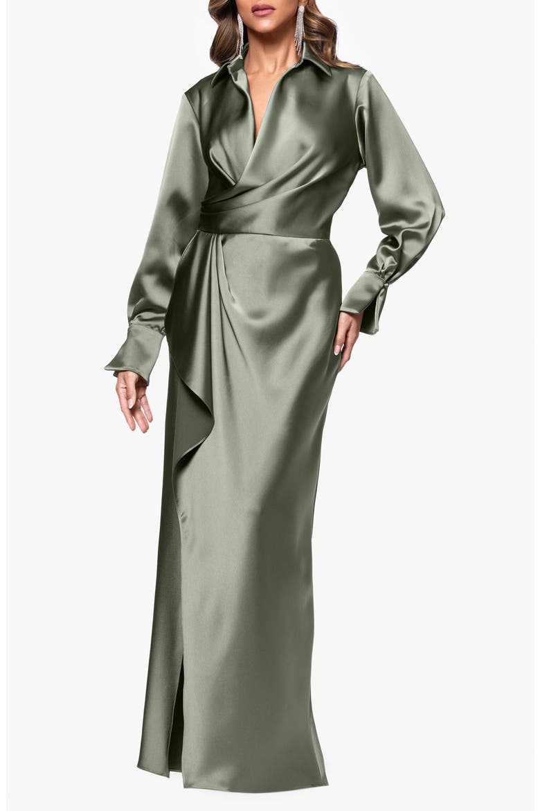 Collar Long Sleeve Satin Gown, Main, color, OLIVE