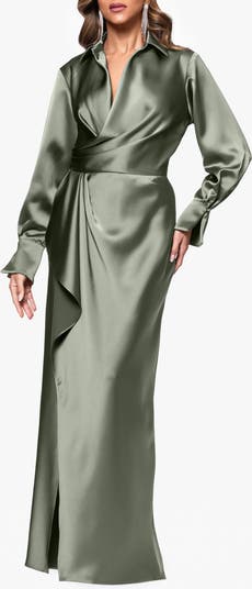 Xscape Evenings Women's Collar Long Sleeve Satin Gown - Blue - Gowns