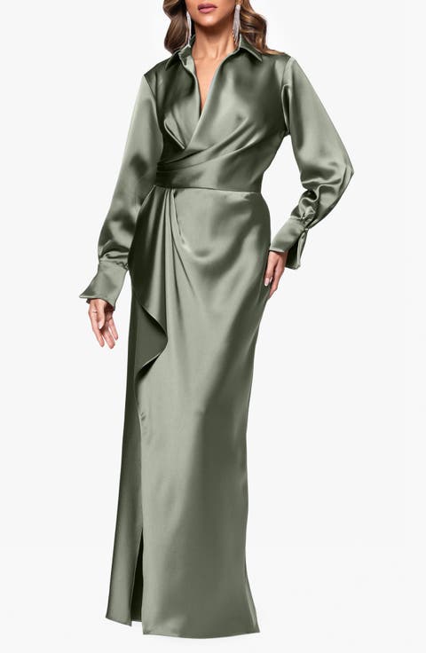 Xscape Evenings Collar Long Sleeve Satin Gown