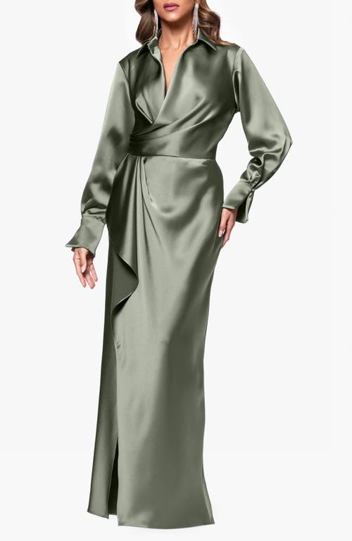 Xscape Evenings Collar Long Sleeve Satin Gown In Green