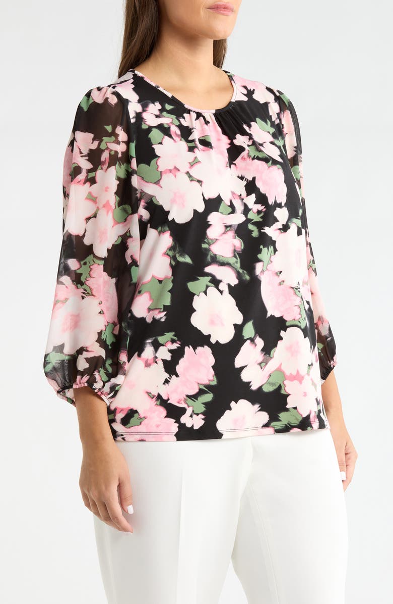 KASPER Shirred Blouson Sleeve Top, Alternate, color, Black Multi