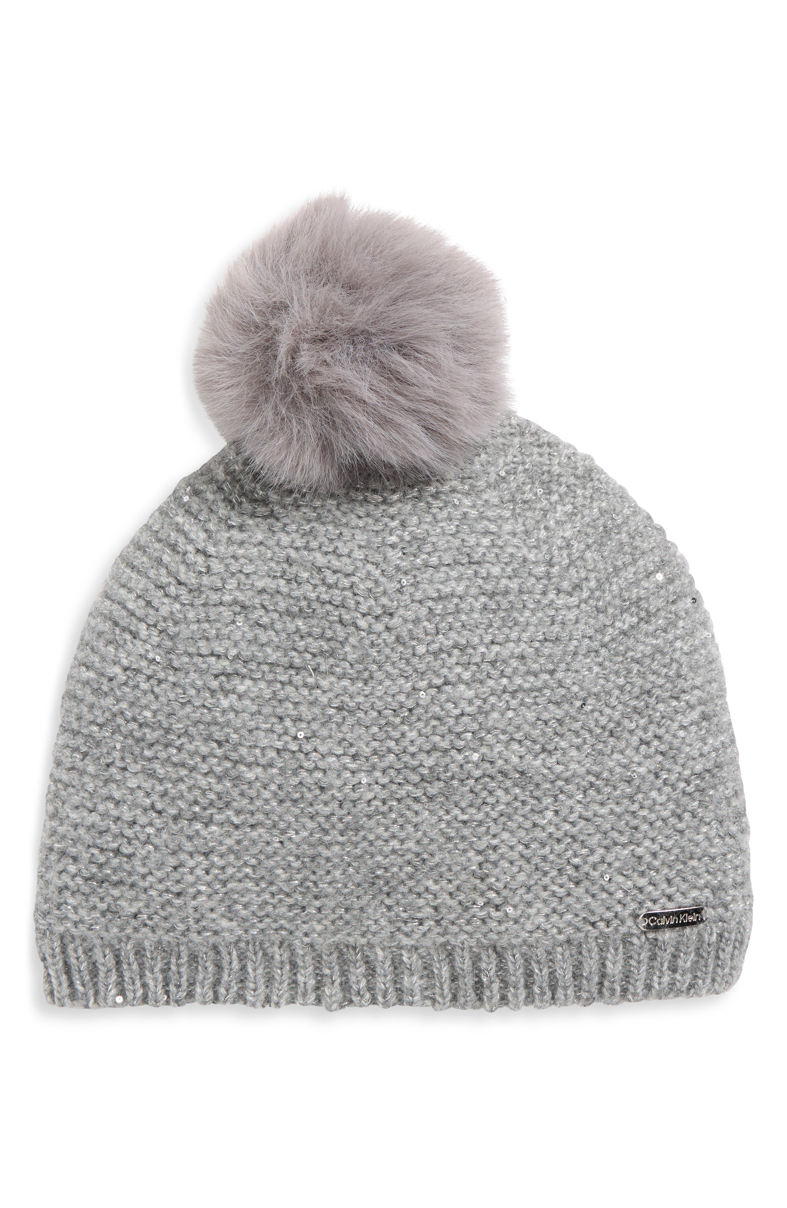 Calvin Klein Mini Sequin Faux Fur Pom Beanie