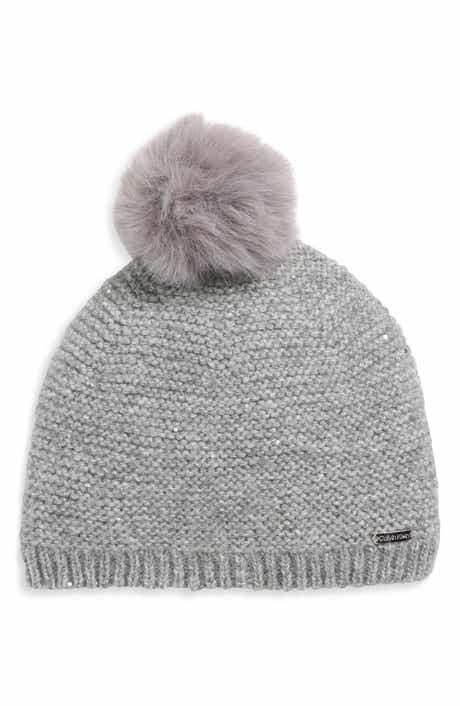 Calvin Klein Mini Sequin Faux Fur Pom Beanie