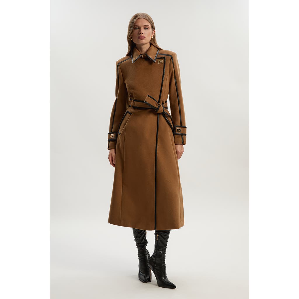 Karen Millen Wool Pu Belted Midi Coat In Metallic