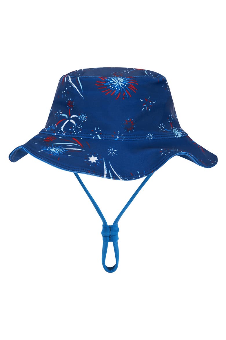 Surfboard Print One-Piece Rashguard Swimsuit & Sun Hat Set, Alternate, color, NAVY FIREWORK