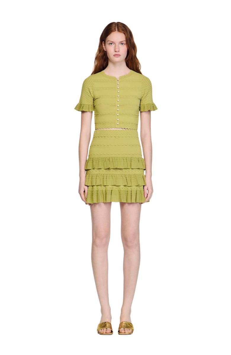 SANDRO Cropped ruffled-sleeve cardigan, Alternate, color, Green