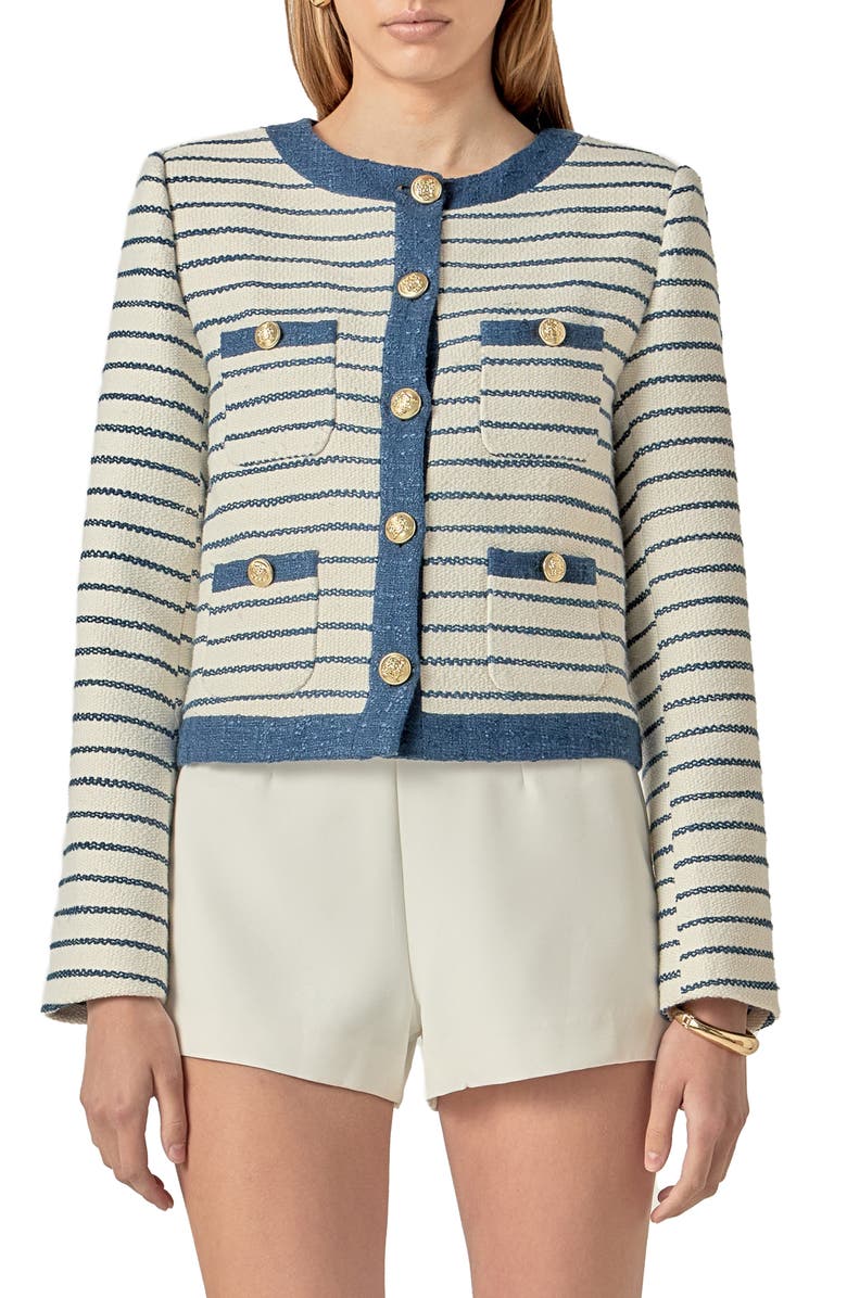English Factory Crop Bouclé Jacket, Main, color, White/ Blue Stripe