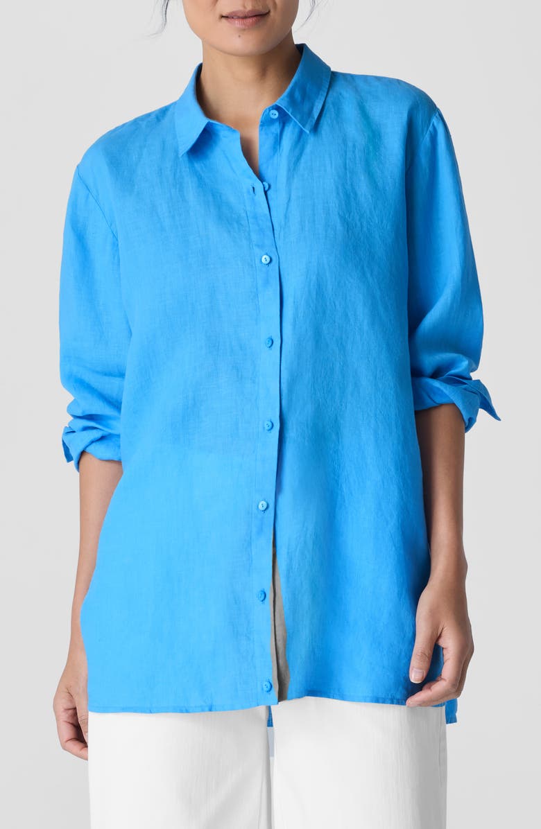 Eileen Fisher Classic Long Sleeve Organic Linen Button-Up Shirt, Main, color, Azure