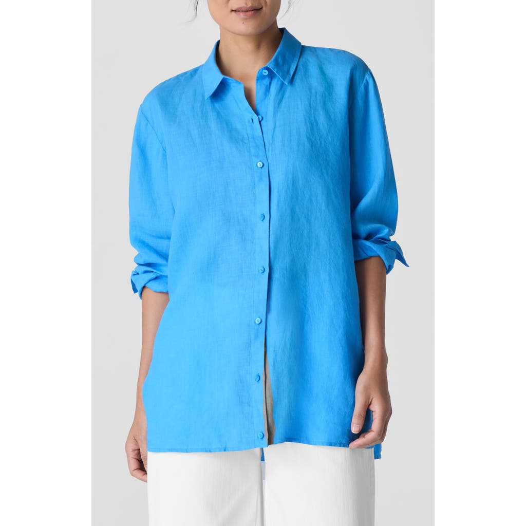 Eileen Fisher Classic Linen Long Sleeve Shirt In Azure In Azure