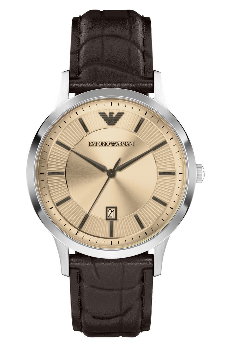 Three-Hand Leather Strap Watch, 43mm, Main, color, BROWN