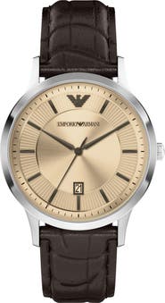 Emporio Armani Three-Hand Leather Strap Watch, 43mm