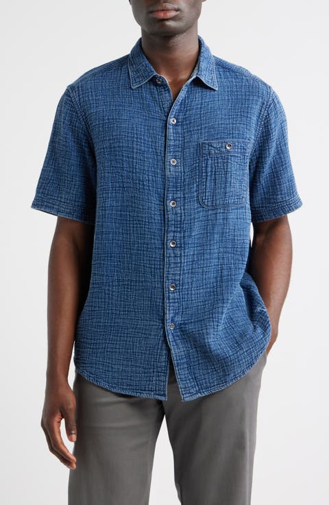 Beachside Cruiser Crinkled Short Sleeve Cotton Button-Up Shirt (Big & Tall)