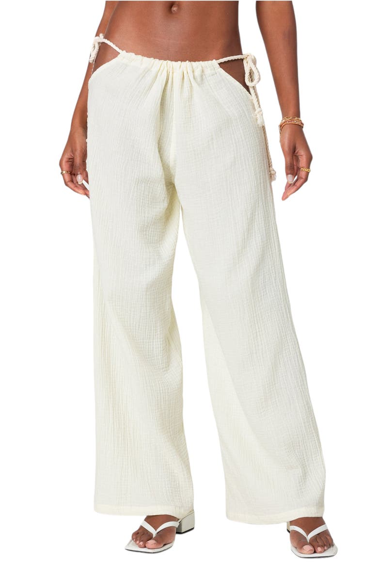 EDIKTED Leoni Cutout Cotton Gauze Pants, Main, color, Cream