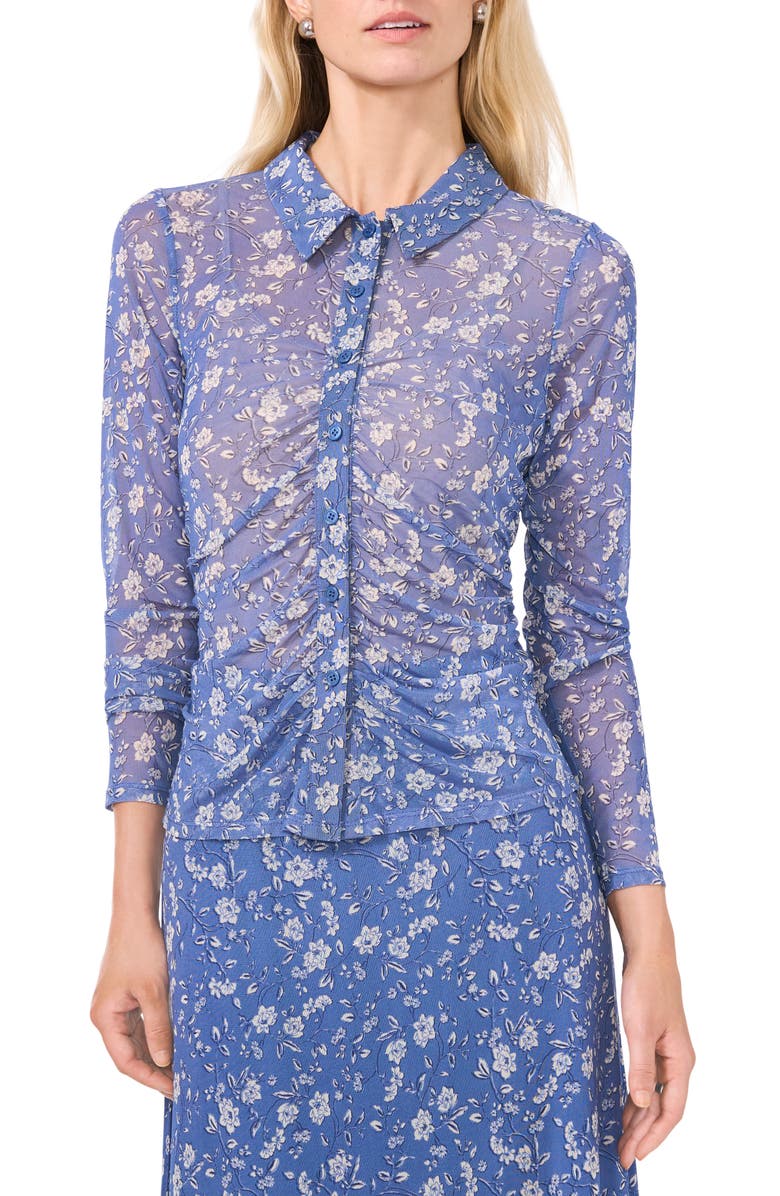 Halogen<sup>®</sup> Print Mesh Button-Up Shirt, Main, color, Swift Seas Blue Floral