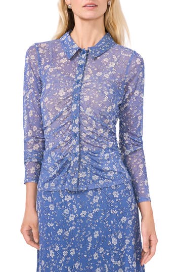 Halogen ® Print Mesh Button-up Shirt In Blue