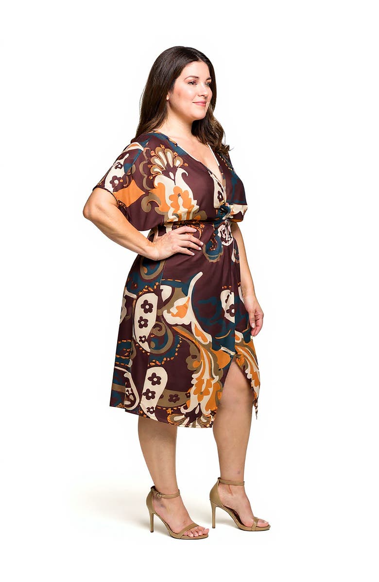 24seven Comfort Apparel Short Sleeve Knot Front Midi Dress in Multi Paisley Print, Alternate, color, Brown Multi