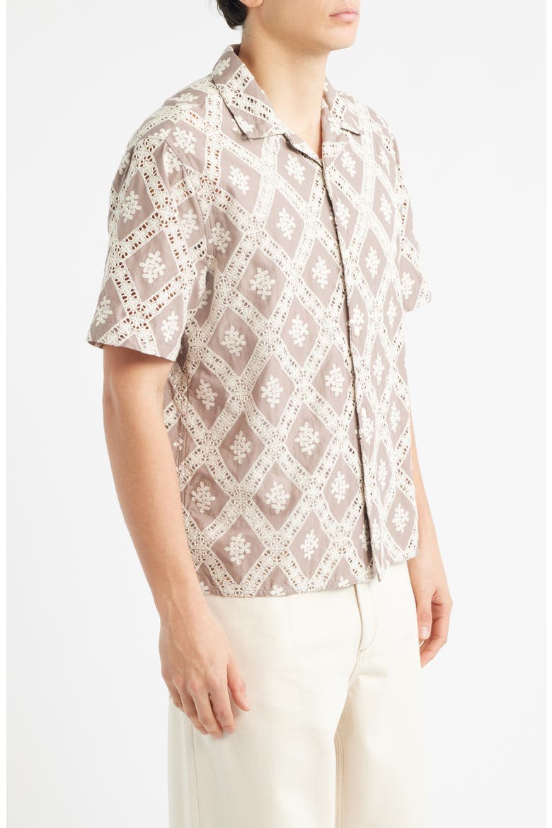 Didcot Diamond Lace Inset Button-Up Camp Shirt, Alternate, color, TAUPE / ECRU