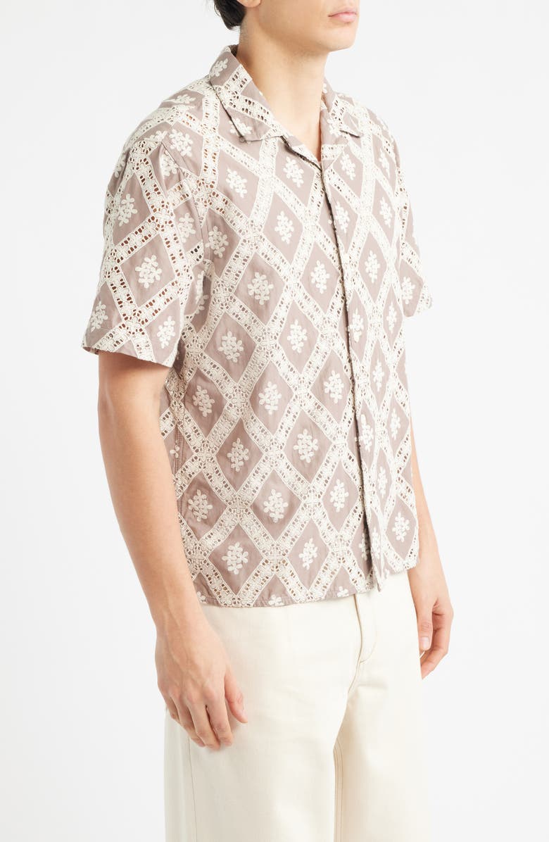 Wax London Didcot Diamond Lace Inset Button-Up Camp Shirt, Alternate, color, Taupe / Ecru