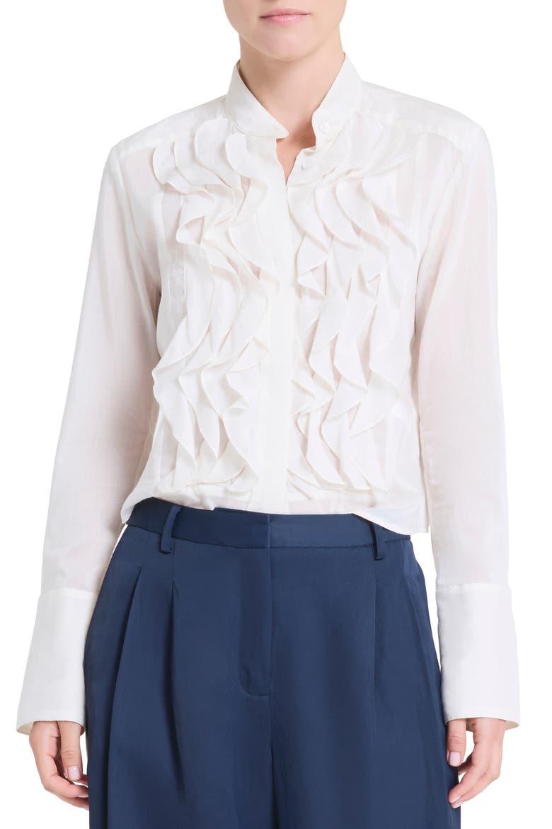 Patti Ruffle Front Cotton & Silk Button-Up Shirt, Main, color, WHITE