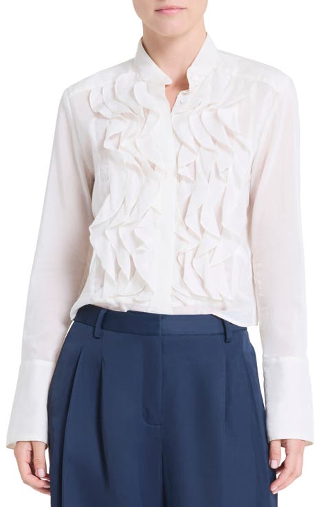 Patti Ruffle Front Cotton 
Silk Button-Up Shirt