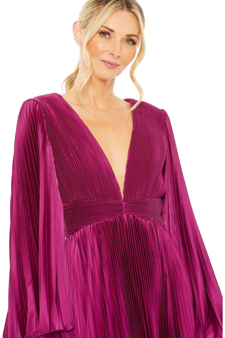 Pleated V-Neck Flare Sleeve Dress, Alternate, color, BERRY