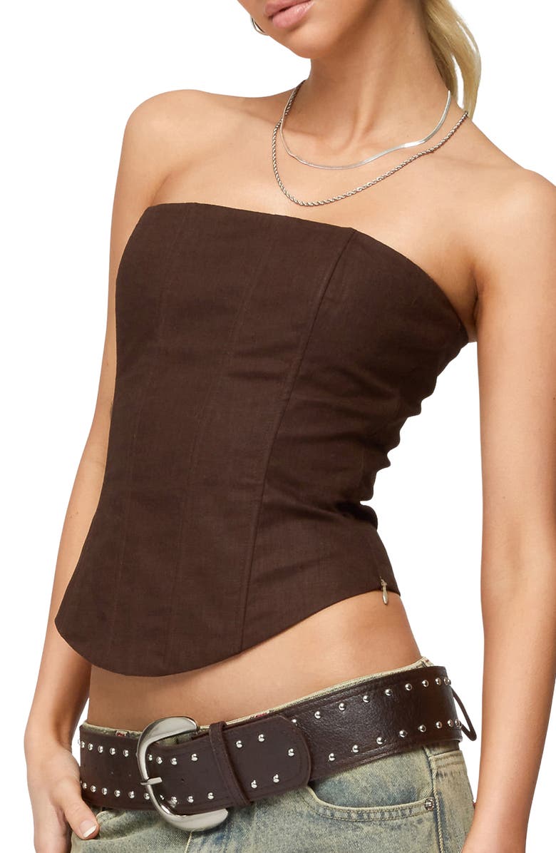 EDIKTED Hadar Strapless Cotton Corset Top, Alternate, color, Brown